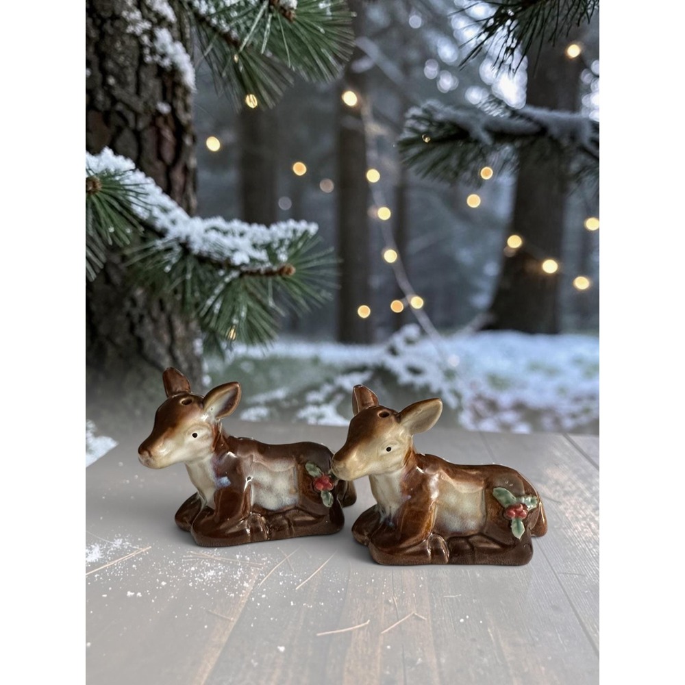 Vintage ceramic resting deer Christmas salt and pepper shakers